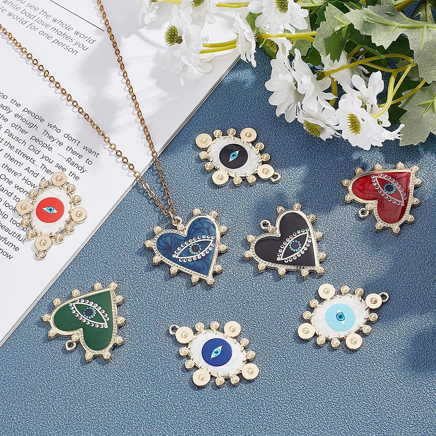 1 Box 8 Styles Evil Eye Charms Heart Oval Shape Alloy Enamel Golden Plated Flatback Pendants Pearl Carved with Hoop for Jewelry DIY Making Bracelets Necklaces Supplies Accessories
