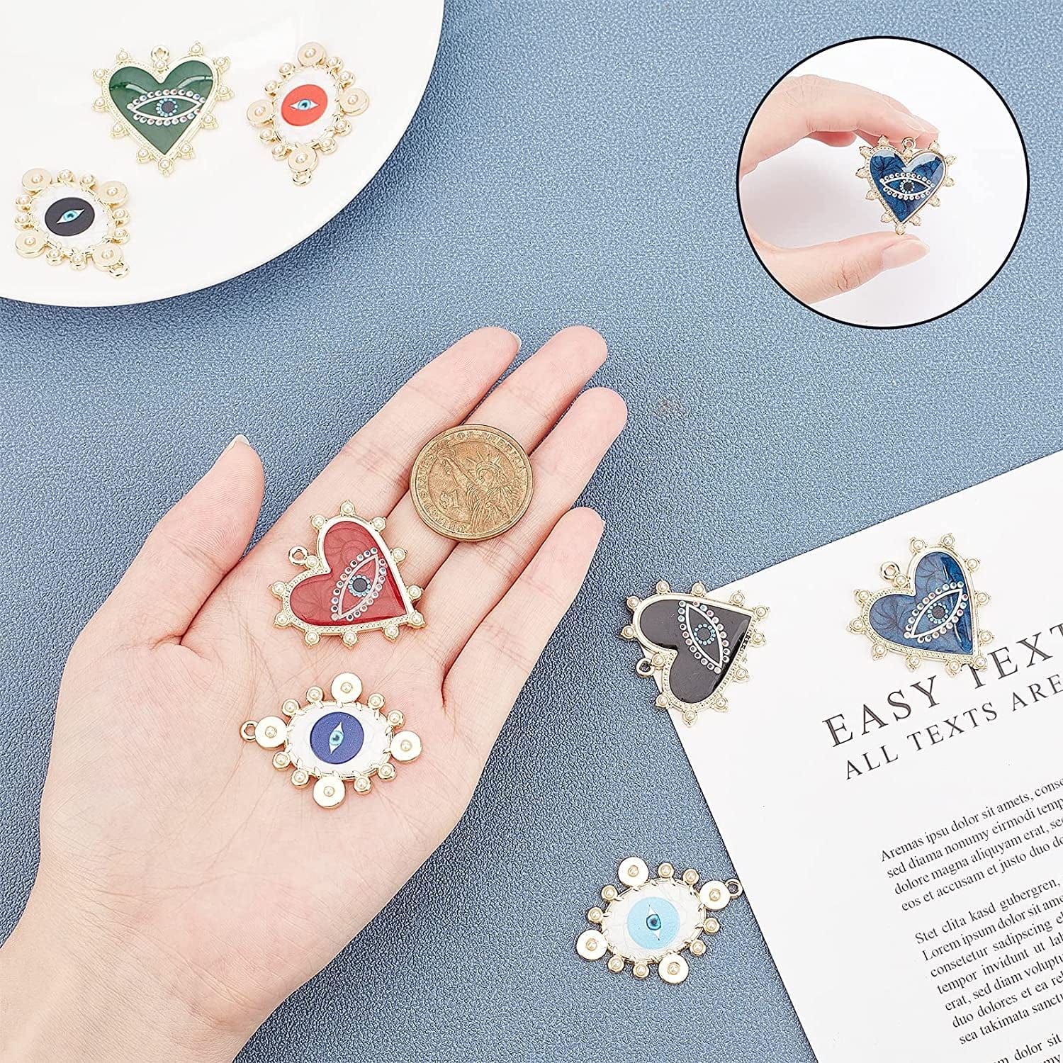 1 Box 8 Styles Evil Eye Charms Heart Oval Shape Alloy Enamel Golden Plated Flatback Pendants Pearl Carved with Hoop for Jewelry DIY Making Bracelets Necklaces Supplies Accessories