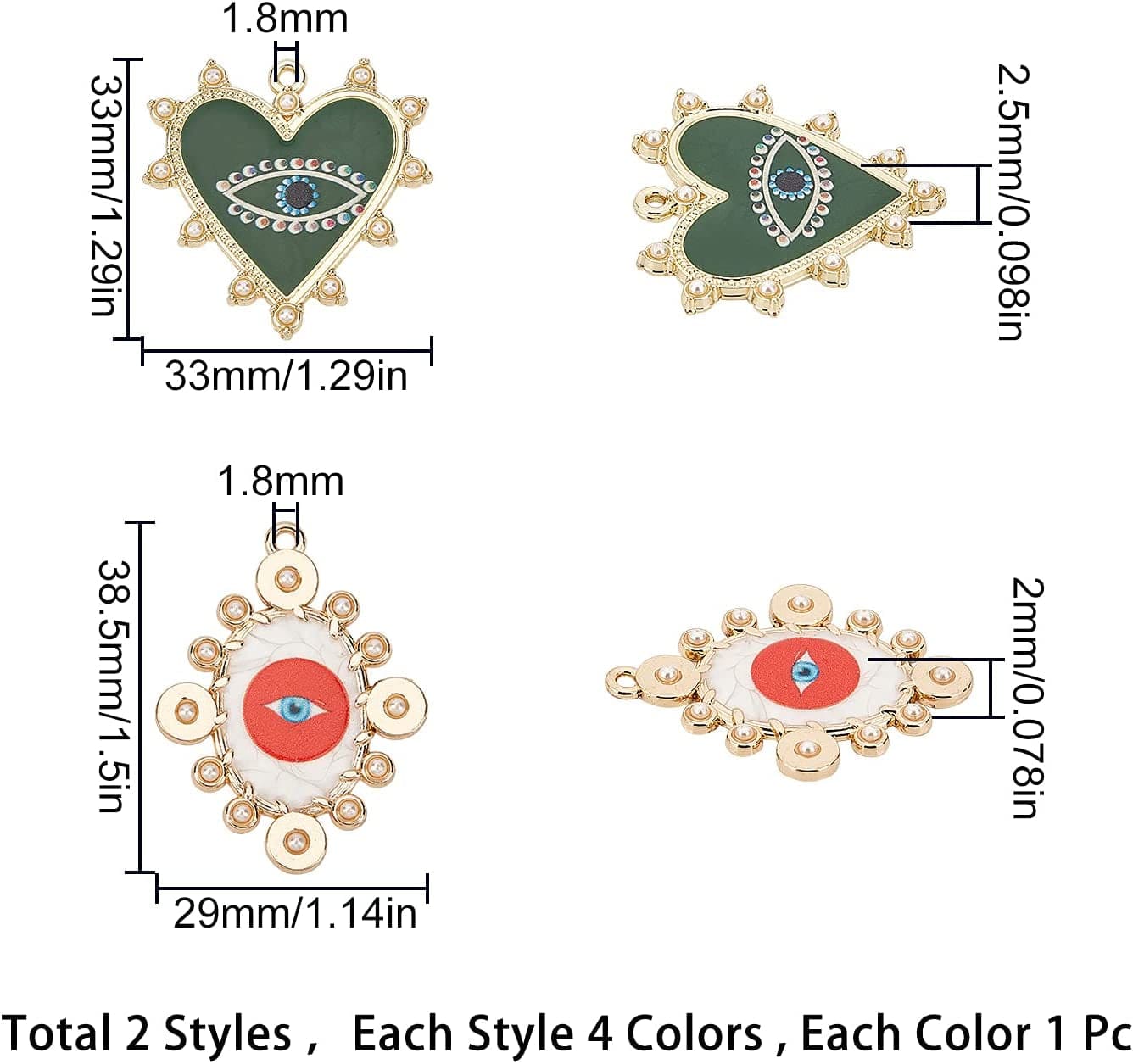 1 Box 8 Styles Evil Eye Charms Heart Oval Shape Alloy Enamel Golden Plated Flatback Pendants Pearl Carved with Hoop for Jewelry DIY Making Bracelets Necklaces Supplies Accessories