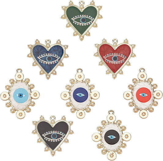 1 Box 8 Styles Evil Eye Charms Heart Oval Shape Alloy Enamel Golden Plated Flatback Pendants Pearl Carved with Hoop for Jewelry DIY Making Bracelets Necklaces Supplies Accessories