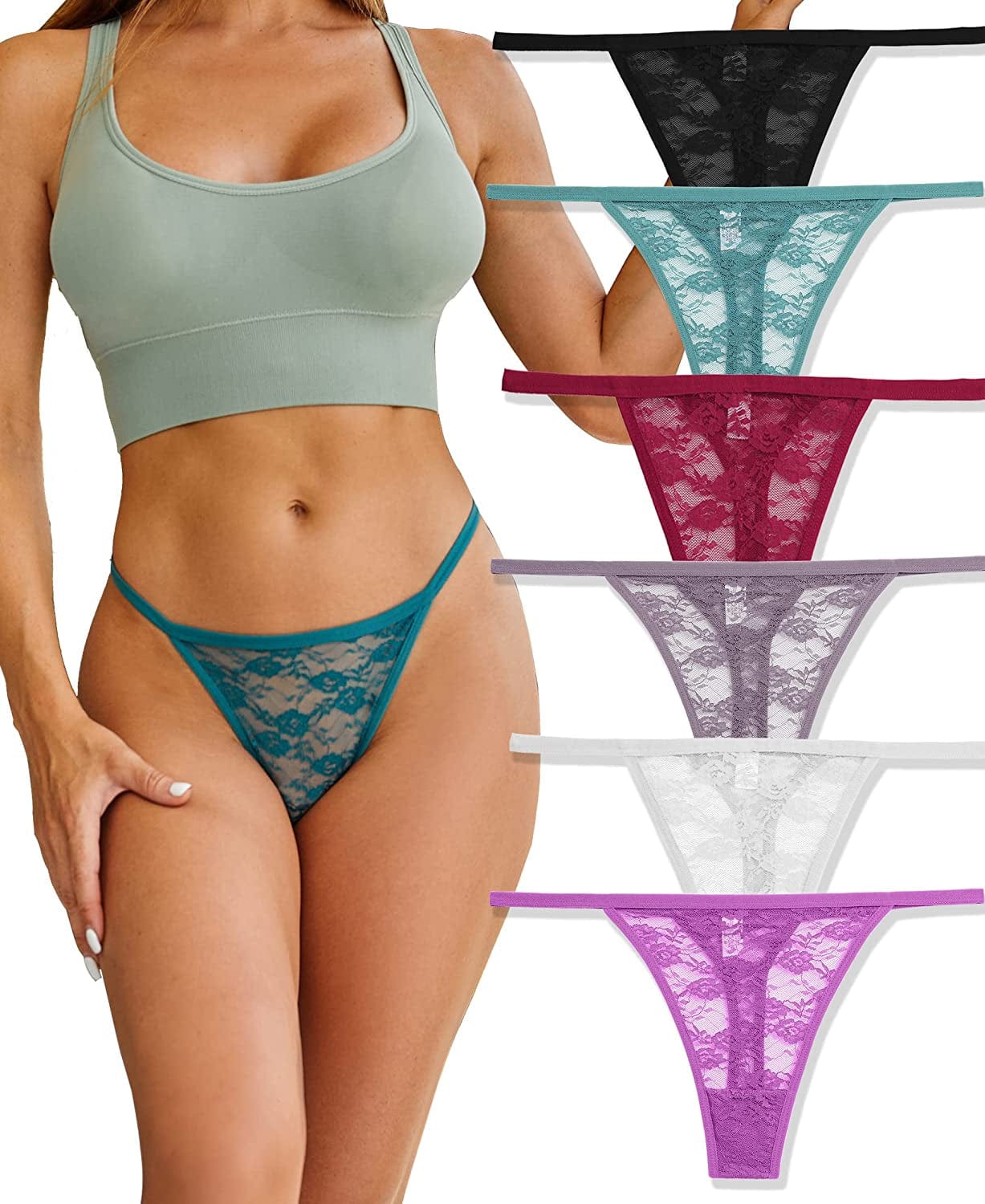 10/6 Pack G-String Thongs for Women Sexy Lace Low Rise Underwear for Ladies No Show T-Back Tanga Panties F 6 Pack B New Color / Medium
