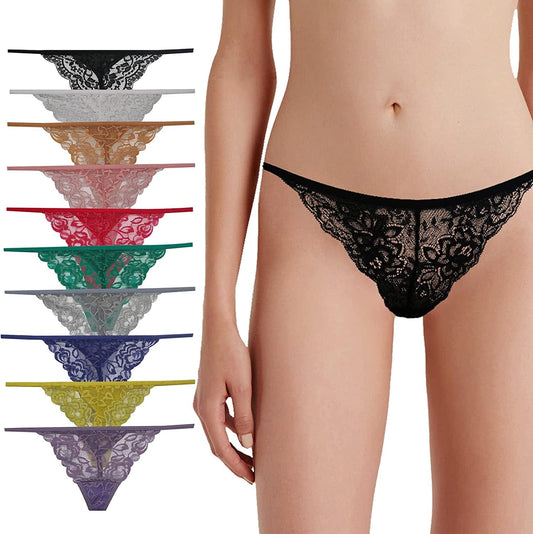 10 Pack Floral Lace G-String Thong Panties Black Lacy Underwear, Assorted Different Lace Pattern & Colors Multicolored G - 10 Pack / Small