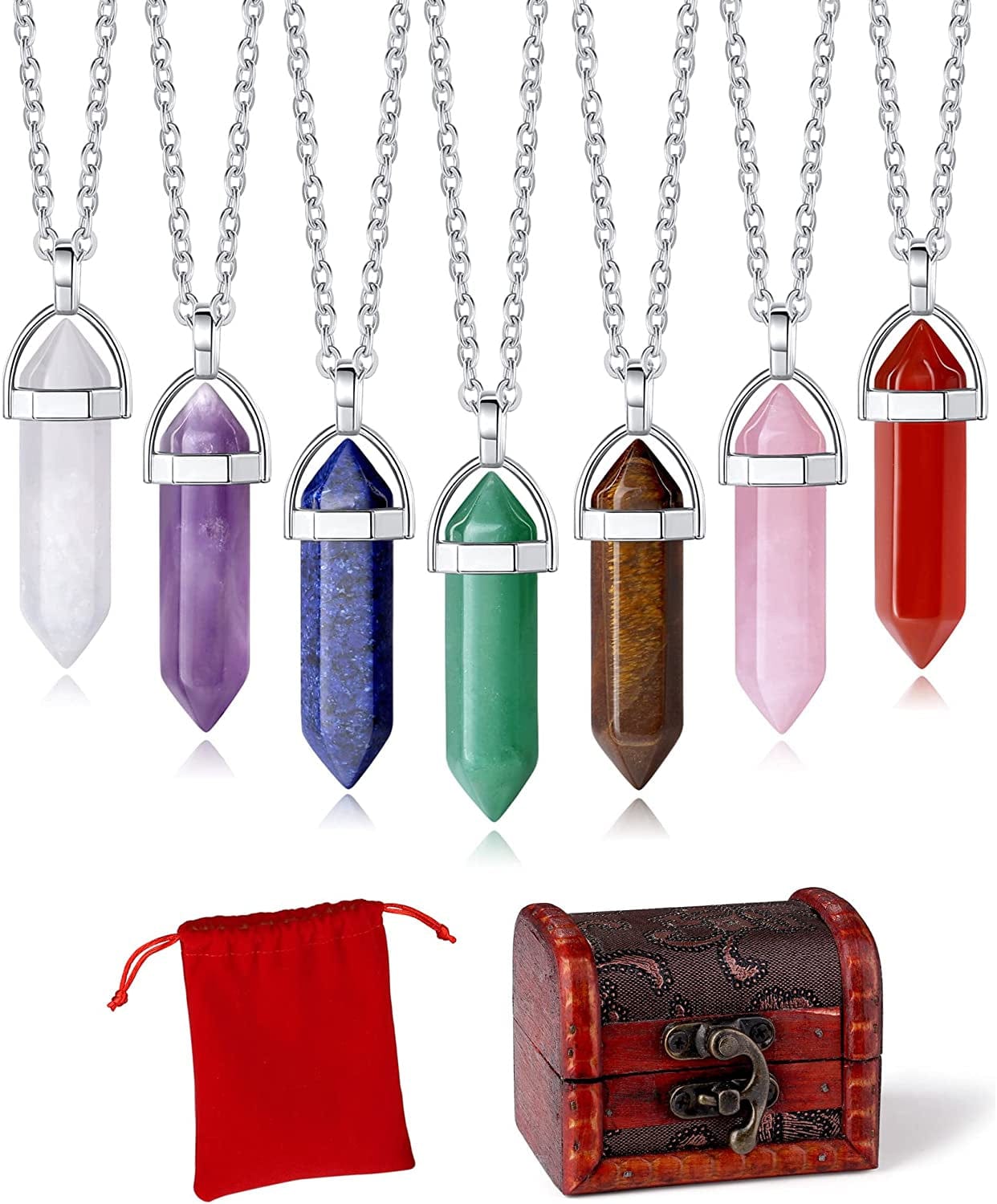 10 Pcs Crystal Necklace Healing Amethyst Crystals Carnelian Chakra Necklaces Evil Eye Necklace Vintage Hippie Wiccan Boho Rose Quartz Obsidian Moon Sun Jewelry Heart Gemstone Aventurine Turquoise Pendant for Women Wholesale D-7pcs+Jewelry Box