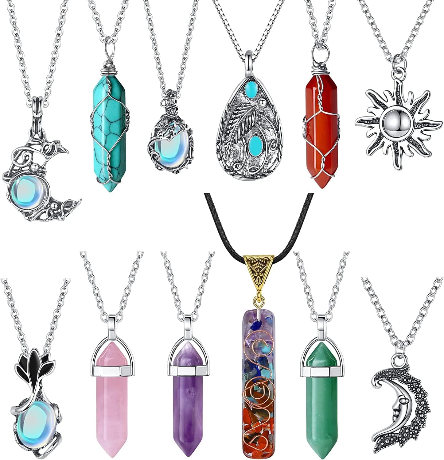 10 Pcs Crystal Necklace Healing Amethyst Crystals Carnelian Chakra Necklaces Evil Eye Necklace Vintage Hippie Wiccan Boho Rose Quartz Obsidian Moon Sun Jewelry Heart Gemstone Aventurine Turquoise Pendant for Women Wholesale C-12 Pcs