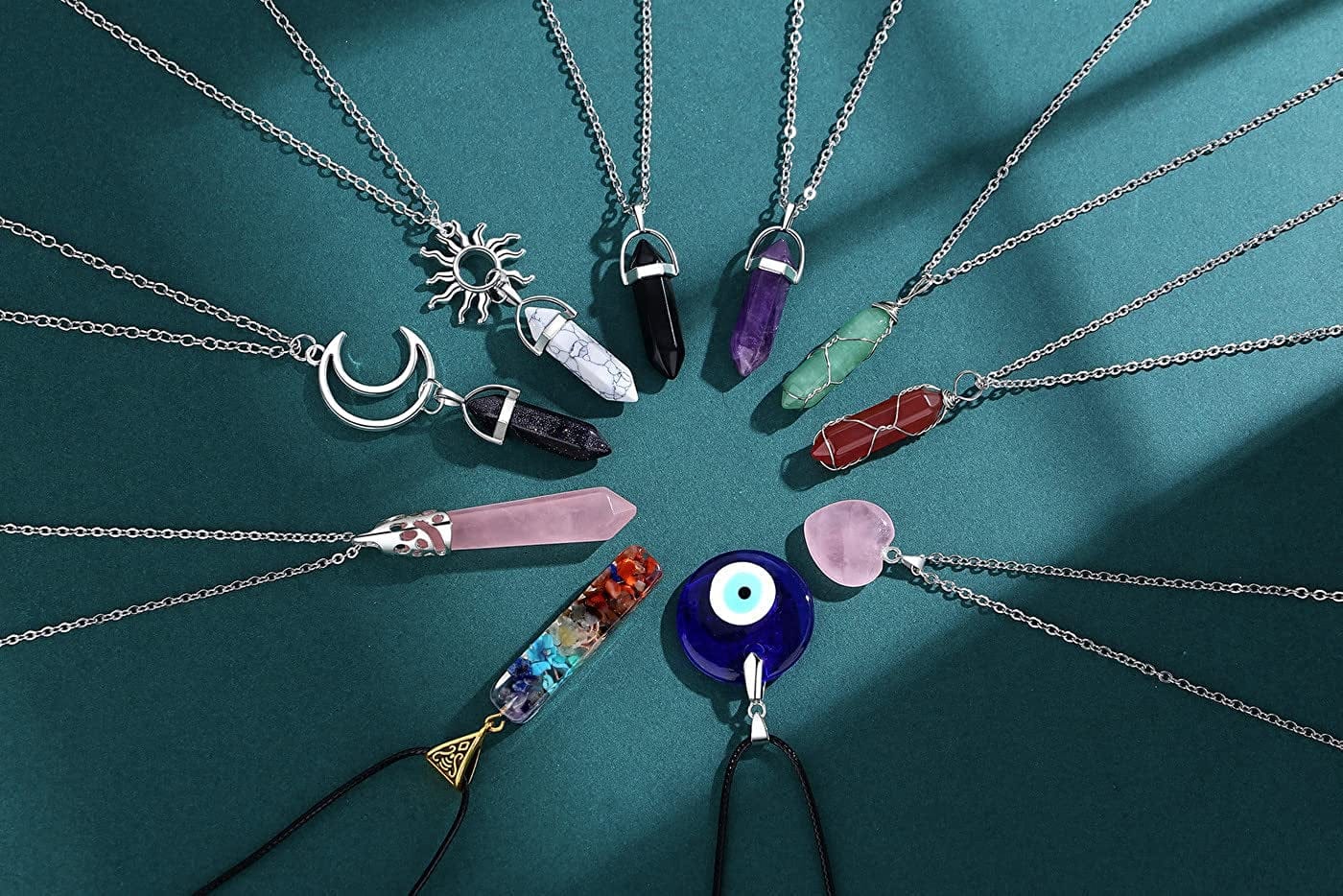 10 Pcs Crystal Necklace Healing Amethyst Crystals Carnelian Chakra Necklaces Evil Eye Necklace Vintage Hippie Wiccan Boho Rose Quartz Obsidian Moon Sun Jewelry Heart Gemstone Aventurine Turquoise Pendant for Women Wholesale