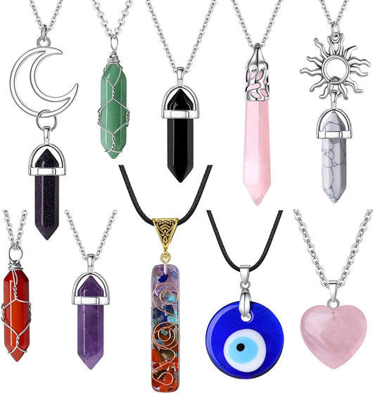10 Pcs Crystal Necklace Healing Amethyst Crystals Carnelian Chakra Necklaces Evil Eye Necklace Vintage Hippie Wiccan Boho Rose Quartz Obsidian Moon Sun Jewelry Heart Gemstone Aventurine Turquoise Pendant for Women Wholesale A -10 Pcs