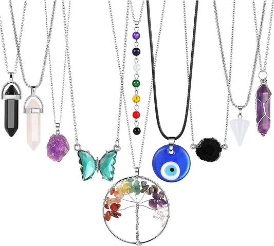 10 Pcs Crystals Pendant Necklace for Women, Silver Tree of Life Wire Wrapped Healing Crystal Stone Necklace, Evil Eye Necklace, Chakra Necklace, Hexagonal Crystal Bohemian Necklaces Set for Gifts