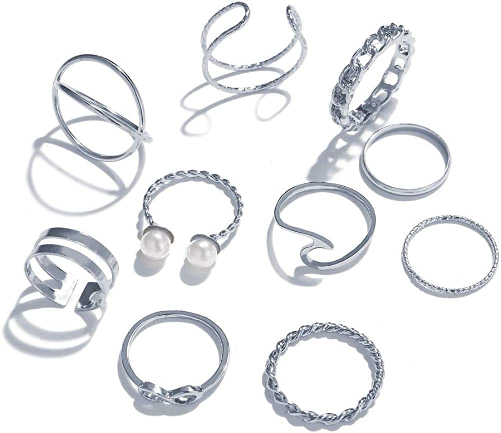 10 Pcs Gold Knuckle Stackable Rings Set for Women, Bohemian Gold/Silver Plated Comfort Fit Vintage VSCO Wave Joint Finger Rings Gift Silver