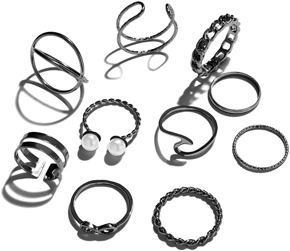 10 Pcs Gold Knuckle Stackable Rings Set for Women, Bohemian Gold/Silver Plated Comfort Fit Vintage VSCO Wave Joint Finger Rings Gift Black