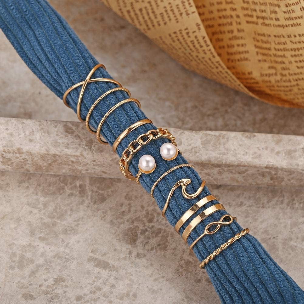 10 Pcs Gold Knuckle Stackable Rings Set for Women, Bohemian Gold/Silver Plated Comfort Fit Vintage VSCO Wave Joint Finger Rings Gift