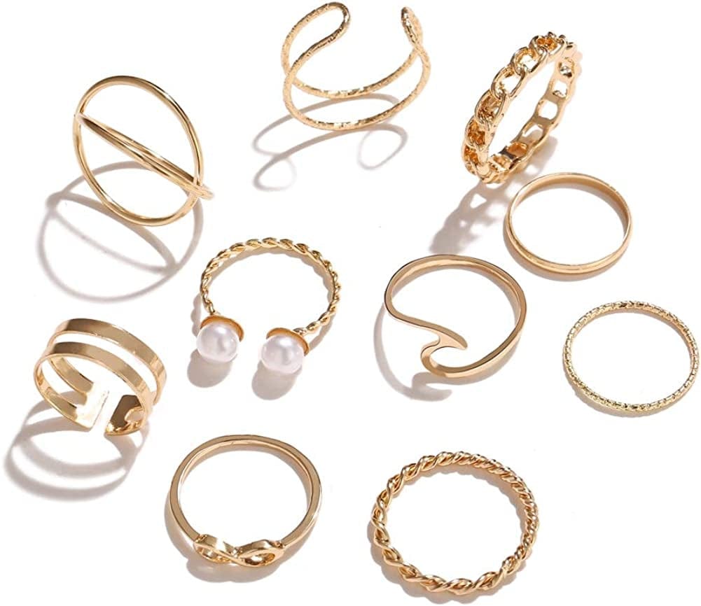 10 Pcs Gold Knuckle Stackable Rings Set for Women, Bohemian Gold/Silver Plated Comfort Fit Vintage VSCO Wave Joint Finger Rings Gift Gold