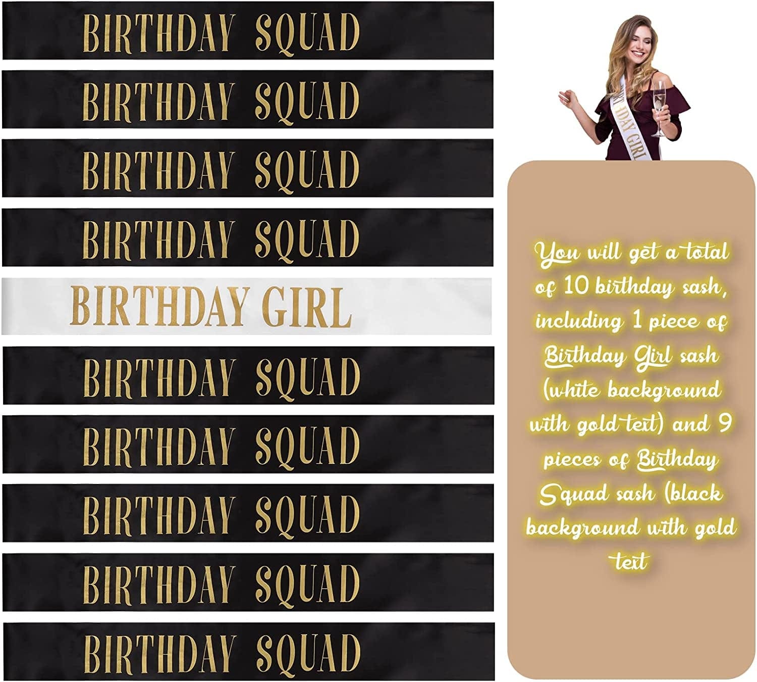 10 Pieces Birthday Gift Sash Set Black and Gold Birthday Squad Sash White and Gold Birthday Girl Sash for Women Funny Party Favors Decorations for Sweet 16 18Th 21St 25Th 30Th 40Th 50Th or Other Bday Apparel & Accessories > Clothing Accessories > Sashes Weewooday