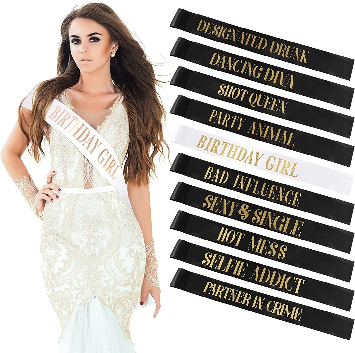 10 Pieces Birthday Sash for Women Birthday Party Supplies Happy Birthday Sash for Girls Birthday Queen Sash Gold Birthday Party Favors, 2 Colors (Black, White) Apparel & Accessories > Clothing Accessories > Sashes Weewooday Black, White