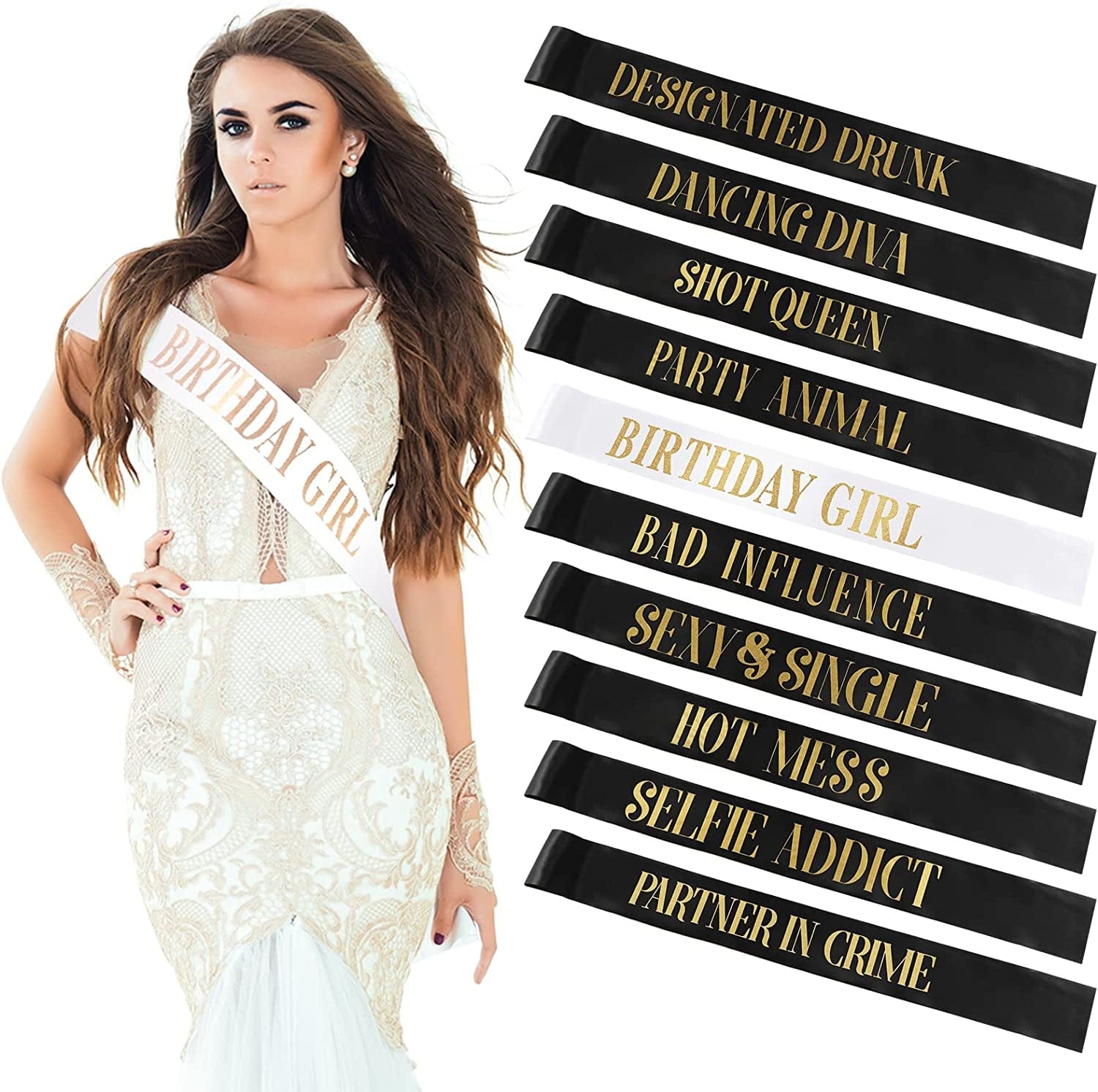 10 Pieces Birthday Sash for Women Birthday Party Supplies Happy Birthday Sash for Girls Birthday Queen Sash Gold Birthday Party Favors, 2 Colors (Black, White) Apparel & Accessories > Clothing Accessories > Sashes Weewooday Black, White