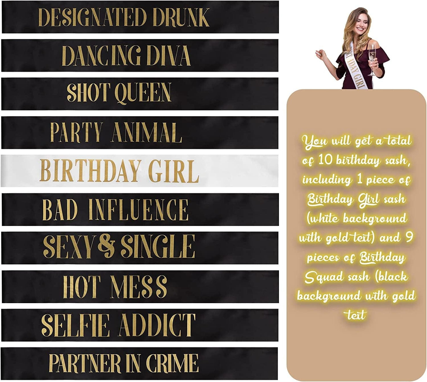 10 Pieces Birthday Sash for Women Birthday Party Supplies Happy Birthday Sash for Girls Birthday Queen Sash Gold Birthday Party Favors, 2 Colors (Black, White) Apparel & Accessories > Clothing Accessories > Sashes Weewooday