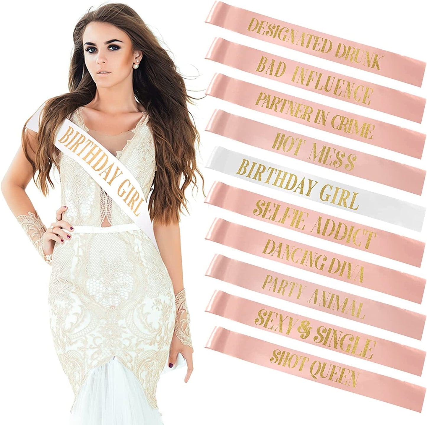 10 Pieces Birthday Sash for Women Birthday Party Supplies Happy Birthday Sash for Girls Birthday Queen Sash Gold Birthday Party Favors, 2 Colors (Black, White) Apparel & Accessories > Clothing Accessories > Sashes Weewooday Rose Gold, White