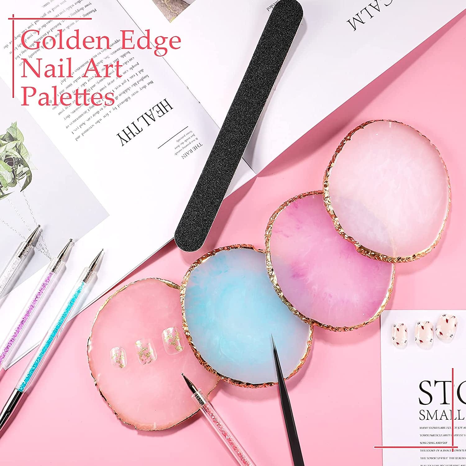 10 Pieces Resin Nail Palettes Nail Art Palette Polish Color Mixing Plate Golden Edge Makeup Display Board Nail Holder Display Cosmetic Mixing Tools (Round Shape) Health & Beauty > Personal Care > Cosmetics > Cosmetic Tools > Nail Tools Maitys