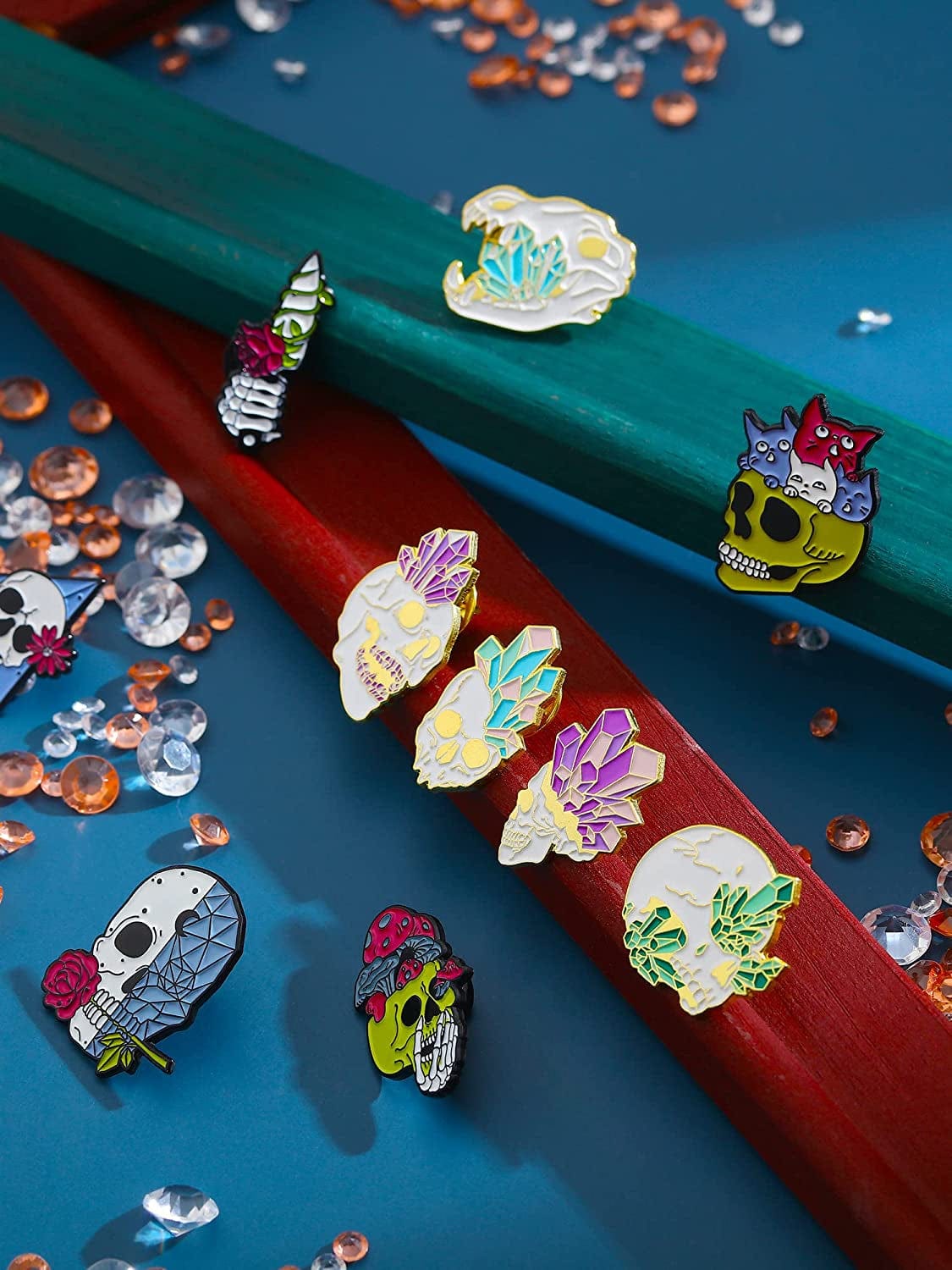 10 Pieces Skull Enamel Pins Enamel Lapel Pin Set Fancy Cute Rose Diamond Cat Brooches Pins Goth Style Cartoon Brooches Pins Aesthetic Lapel Badge Pins for Backpacks Clothes Bags