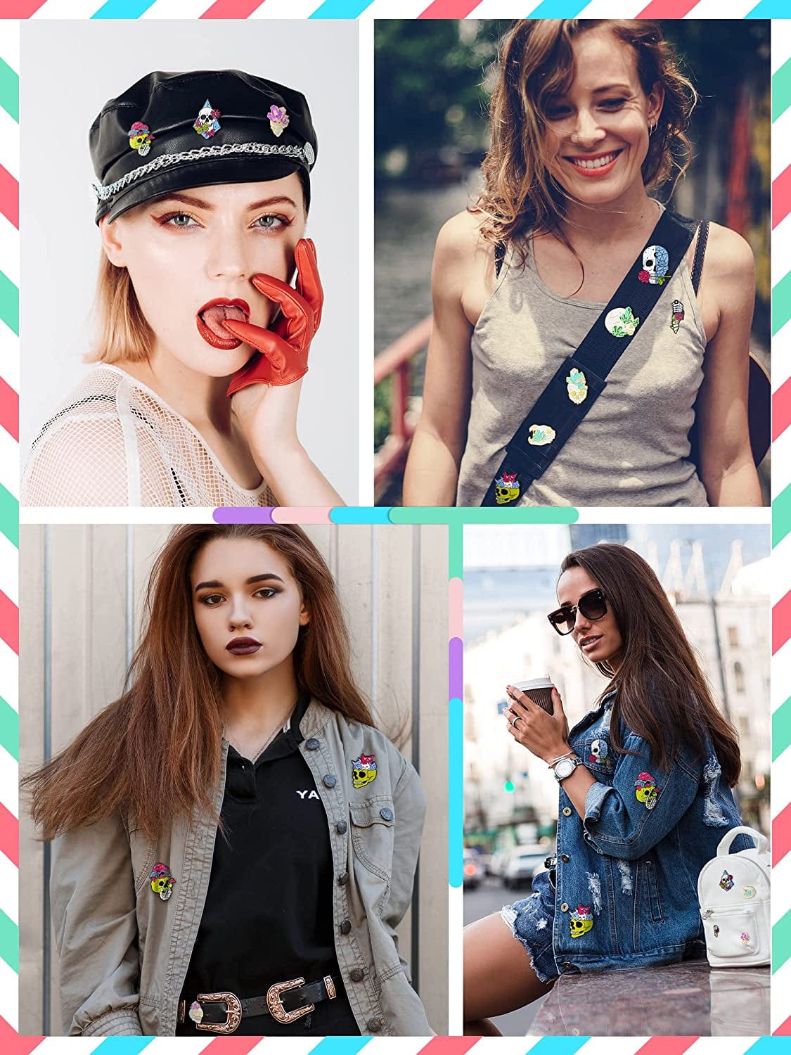 10 Pieces Skull Enamel Pins Enamel Lapel Pin Set Fancy Cute Rose Diamond Cat Brooches Pins Goth Style Cartoon Brooches Pins Aesthetic Lapel Badge Pins for Backpacks Clothes Bags