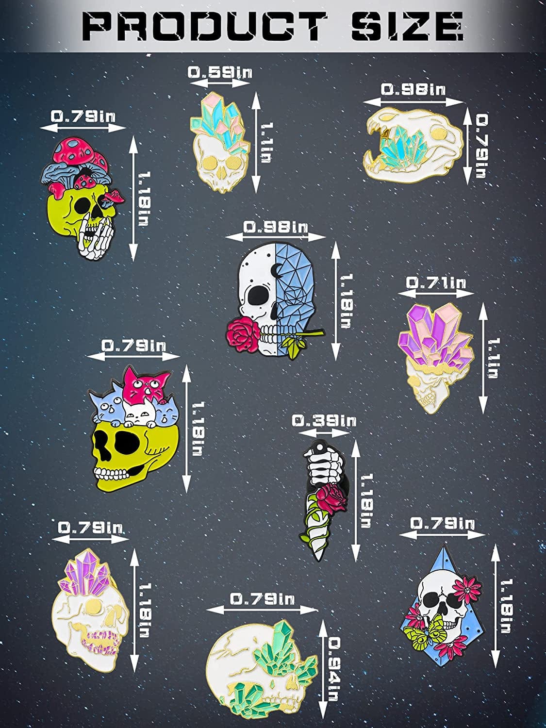 10 Pieces Skull Enamel Pins Enamel Lapel Pin Set Fancy Cute Rose Diamond Cat Brooches Pins Goth Style Cartoon Brooches Pins Aesthetic Lapel Badge Pins for Backpacks Clothes Bags