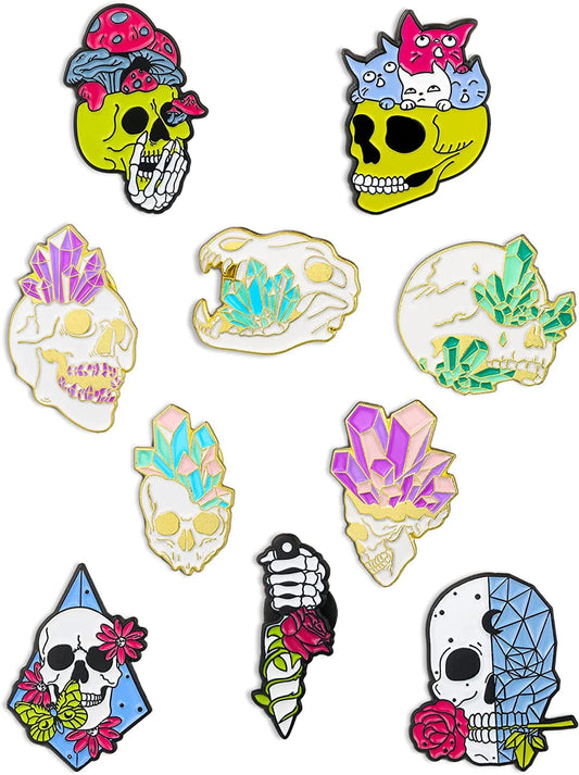 10 Pieces Skull Enamel Pins Enamel Lapel Pin Set Fancy Cute Rose Diamond Cat Brooches Pins Goth Style Cartoon Brooches Pins Aesthetic Lapel Badge Pins for Backpacks Clothes Bags
