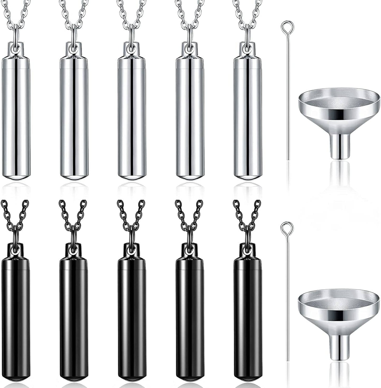 10 Pieces Urn Necklace for Ashes Cremation Cylinder Memorial Stainless Steel Memorial Pendant for Women Men Loved Ones Black, Silver / 10