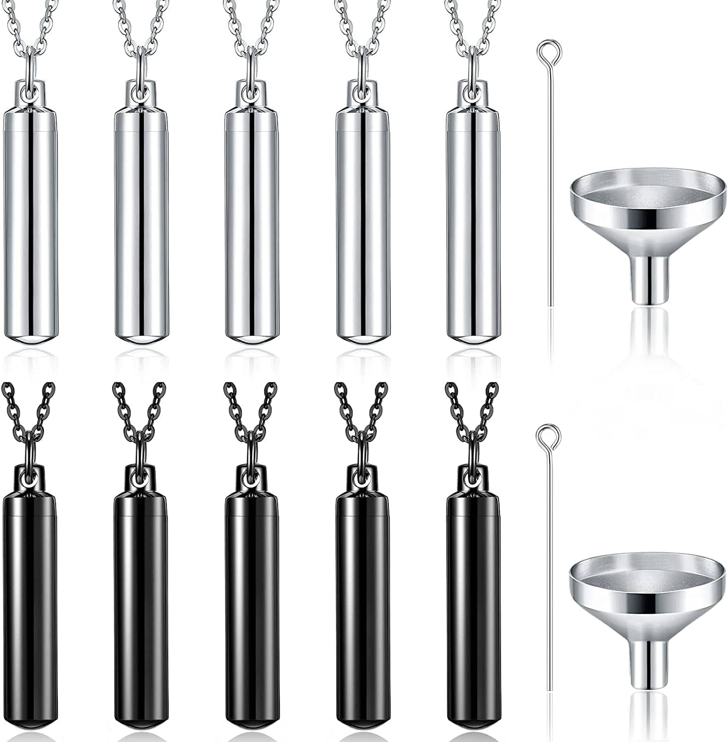 10 Pieces Urn Necklace for Ashes Cremation Cylinder Memorial Stainless Steel Memorial Pendant for Women Men Loved Ones Black, Silver / 10