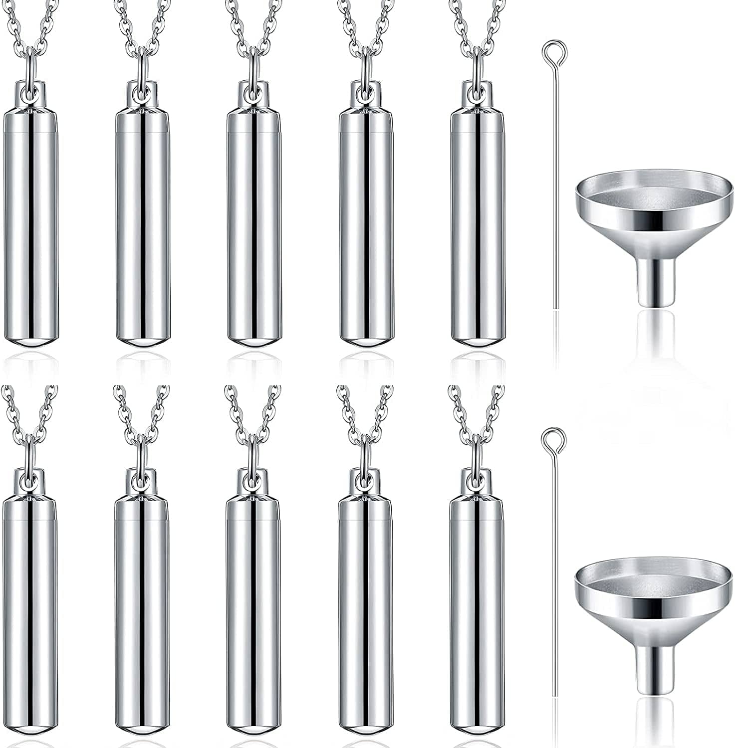 10 Pieces Urn Necklace for Ashes Cremation Cylinder Memorial Stainless Steel Memorial Pendant for Women Men Loved Ones Silver / 10