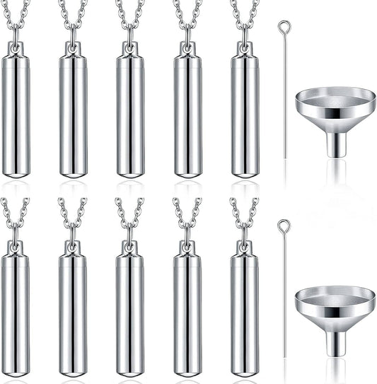 10 Pieces Urn Necklace for Ashes Cremation Cylinder Memorial Stainless Steel Memorial Pendant for Women Men Loved Ones Silver / 10