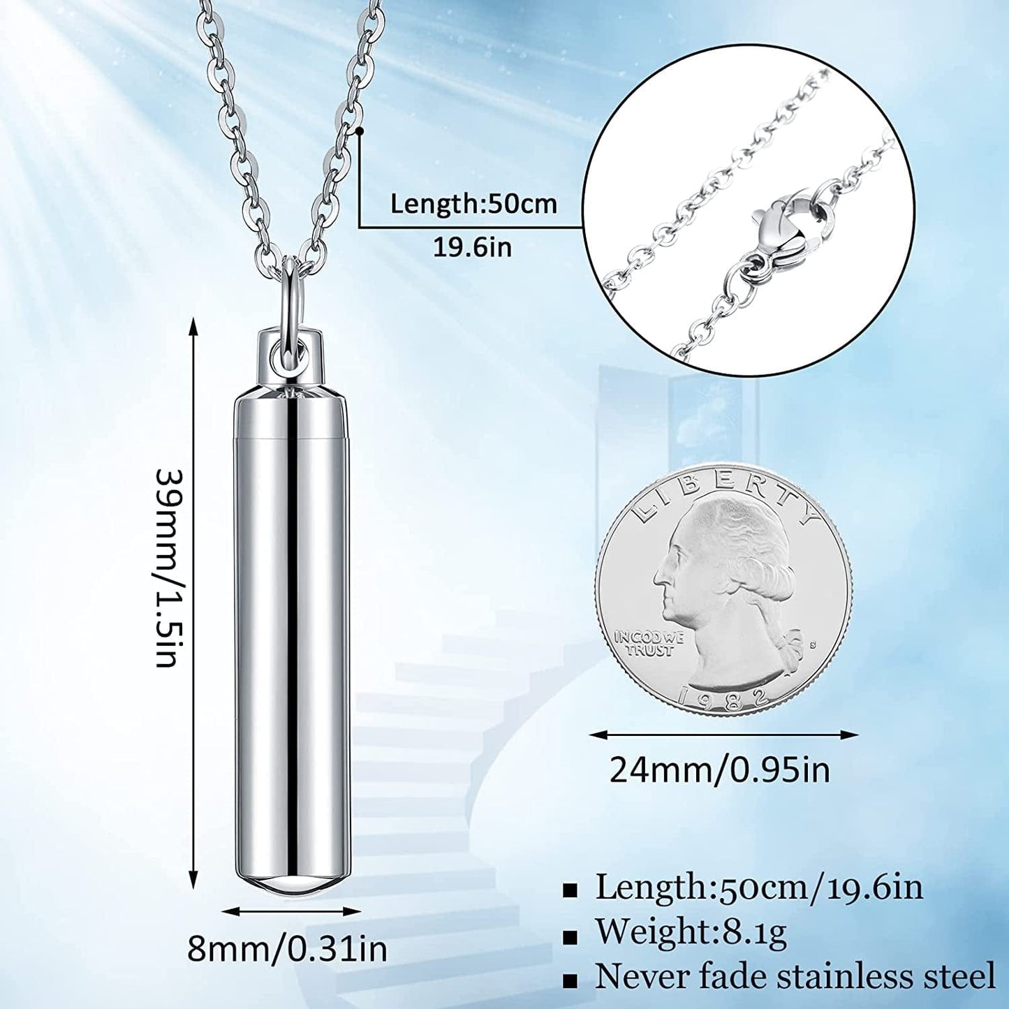 10 Pieces Urn Necklace for Ashes Cremation Cylinder Memorial Stainless Steel Memorial Pendant for Women Men Loved Ones (Silver,16 Pieces)
