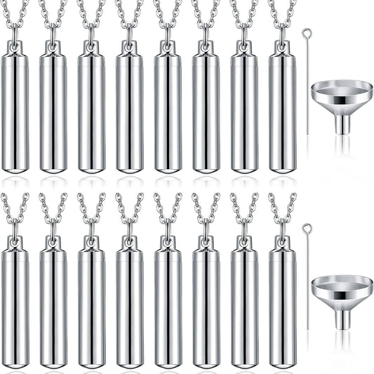 10 Pieces Urn Necklace for Ashes Cremation Cylinder Memorial Stainless Steel Memorial Pendant for Women Men Loved Ones (Silver,16 Pieces)