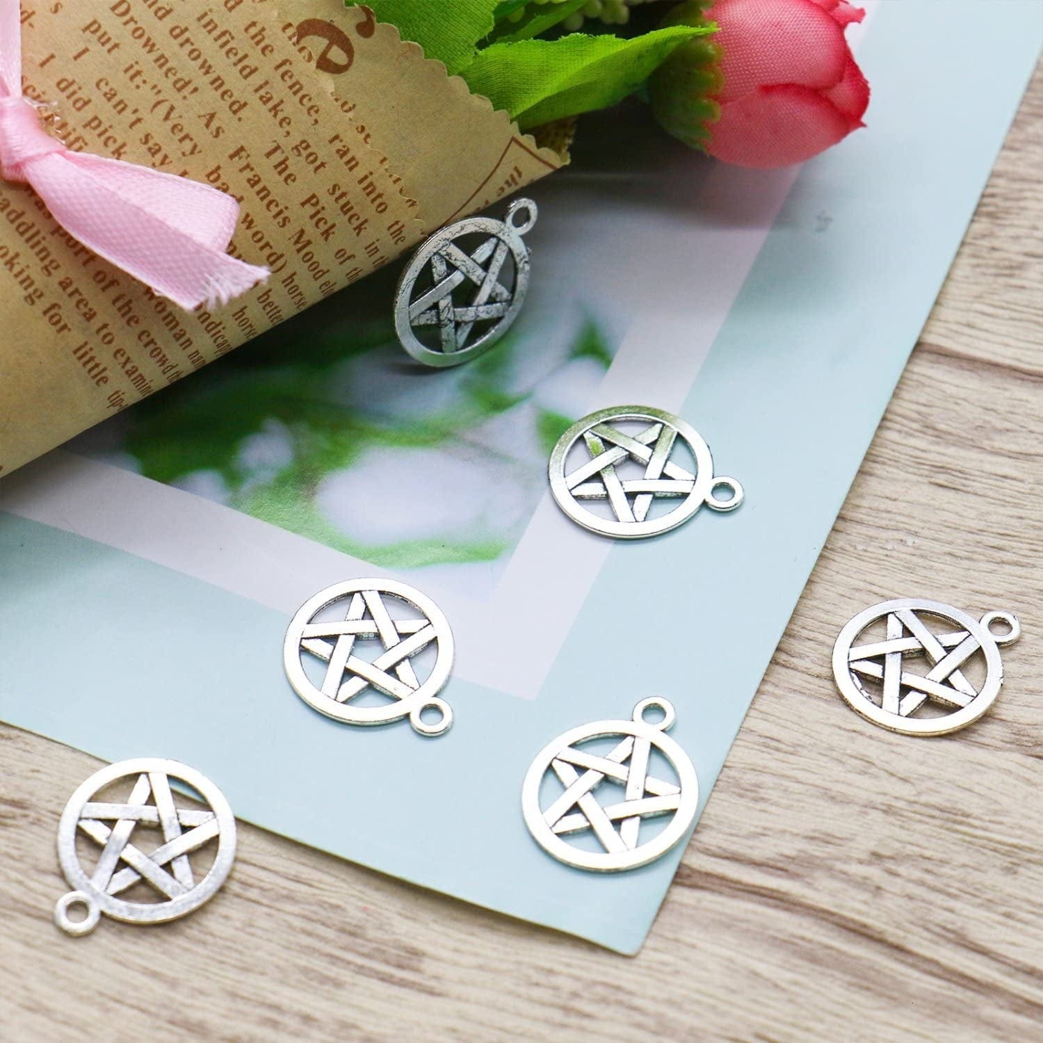 100 Antique Silver Pentagram Charms Pendants Pentacle Star Charms Jewelry Making Charms for DIY Necklace Bracelet Jewelry Making (20X16Mm)