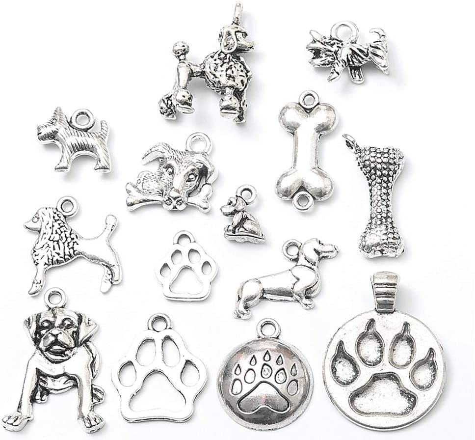 100 Grams Pet Charm,Assorted Dog Bone Paw Print Footprint Charm Pendant for DIY Necklace Bracelet Jewelry Making Findings(Antique Silver Tone)