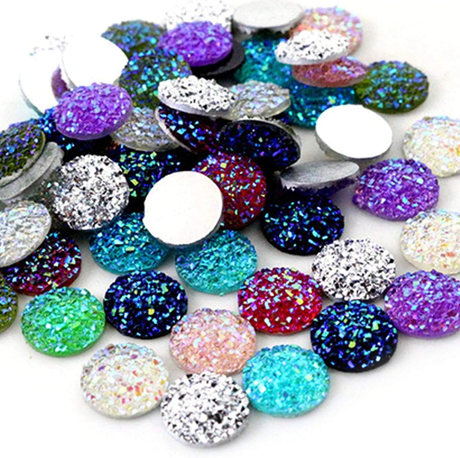 100 Mix Color 12Mm round Flat Back Resin Cabochon Cameo Faux Druzy Cabochons Mermaid Deco for Jewelry Making Setting Bezel Tray Pendant Charms (M248)