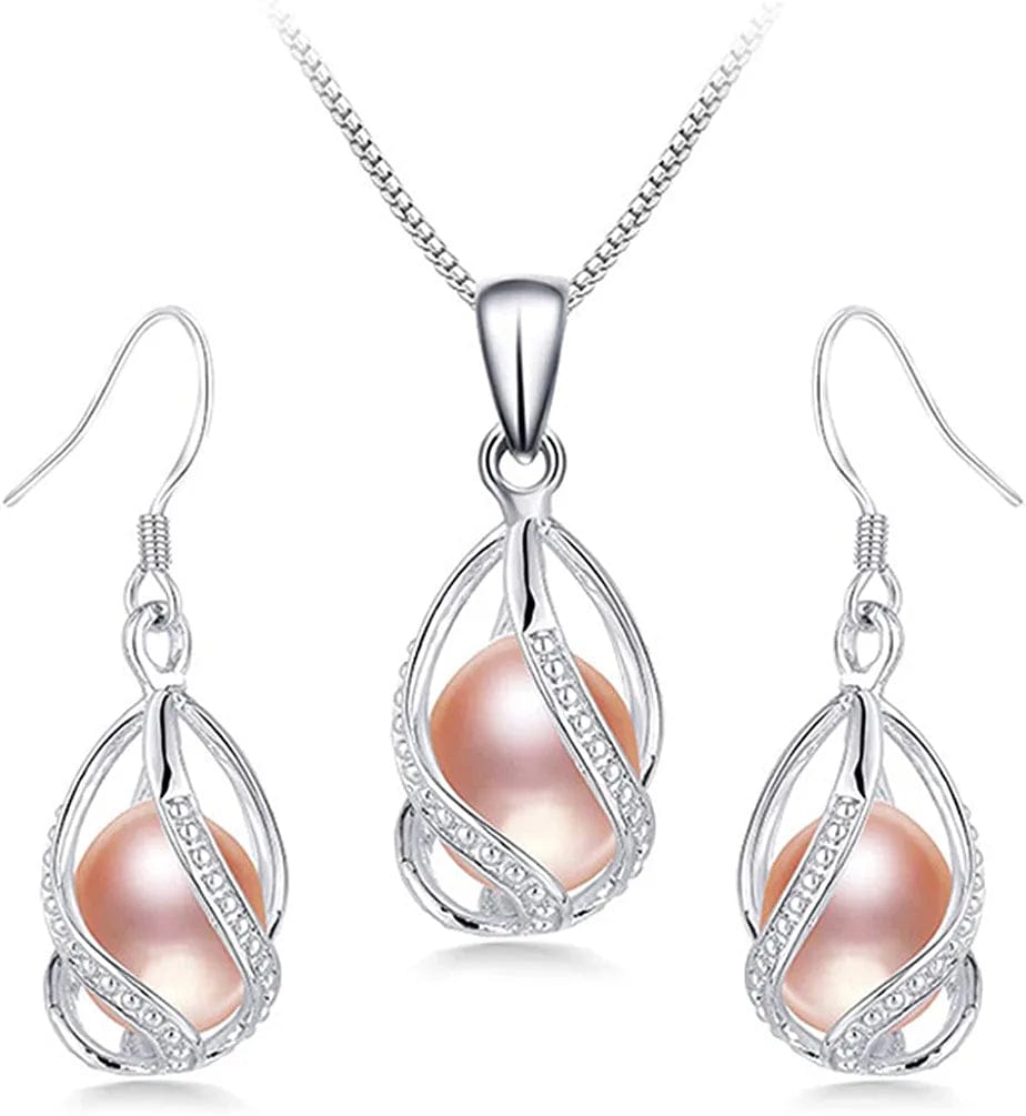 100% Natural Freshwater Pearl Jewelry Sets for Women Fashion 925 Sterling Silver Earrings&Pendant Wedding Jewelry Pink