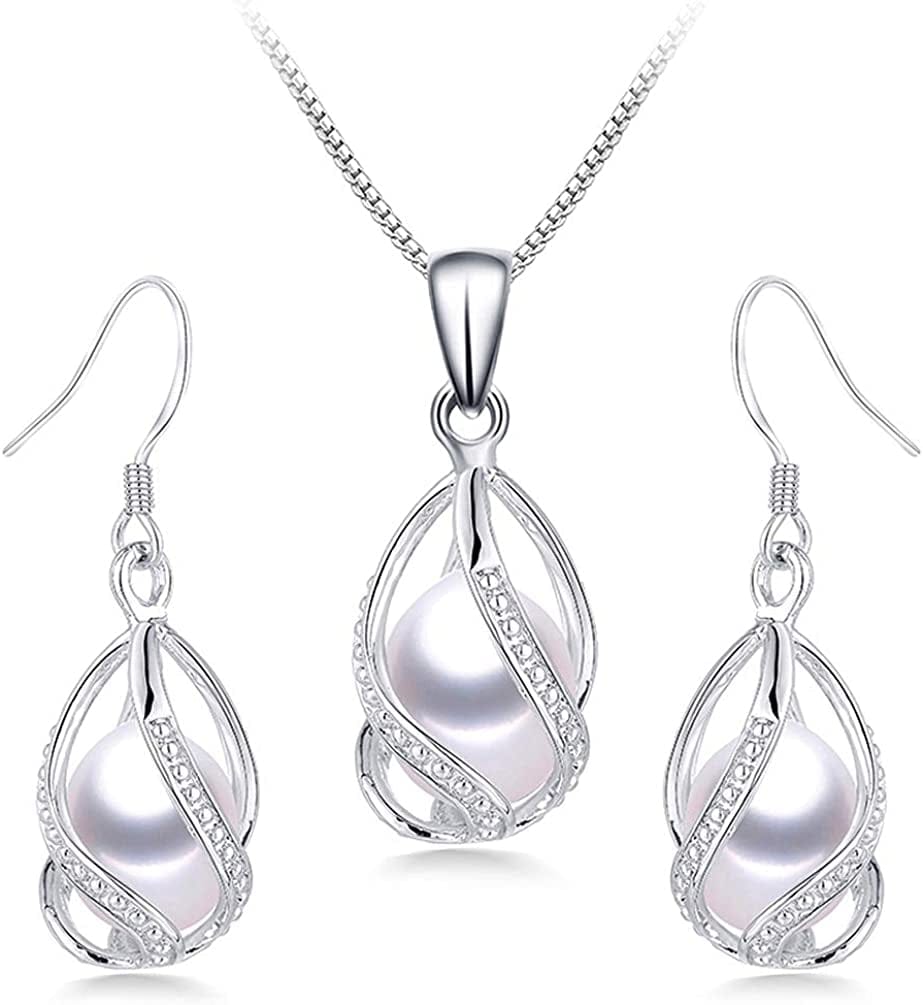 100% Natural Freshwater Pearl Jewelry Sets for Women Fashion 925 Sterling Silver Earrings&Pendant Wedding Jewelry White