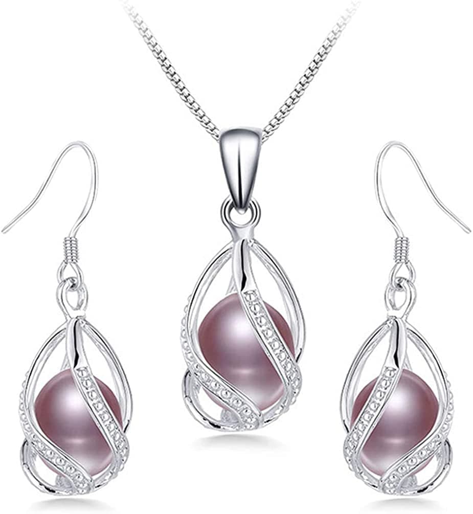 100% Natural Freshwater Pearl Jewelry Sets for Women Fashion 925 Sterling Silver Earrings&Pendant Wedding Jewelry Purple