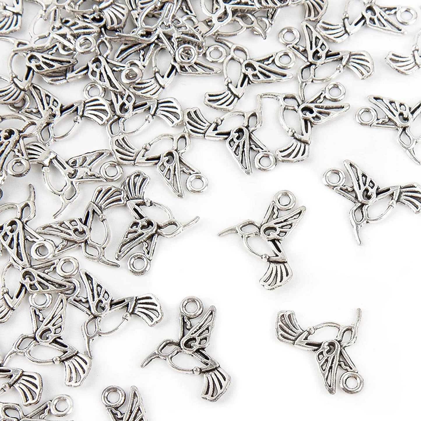 , 100 Pack Antique Silver Small Hummingbird Charms Tiny Pendant Bulk for Jewelry Making Bracelets