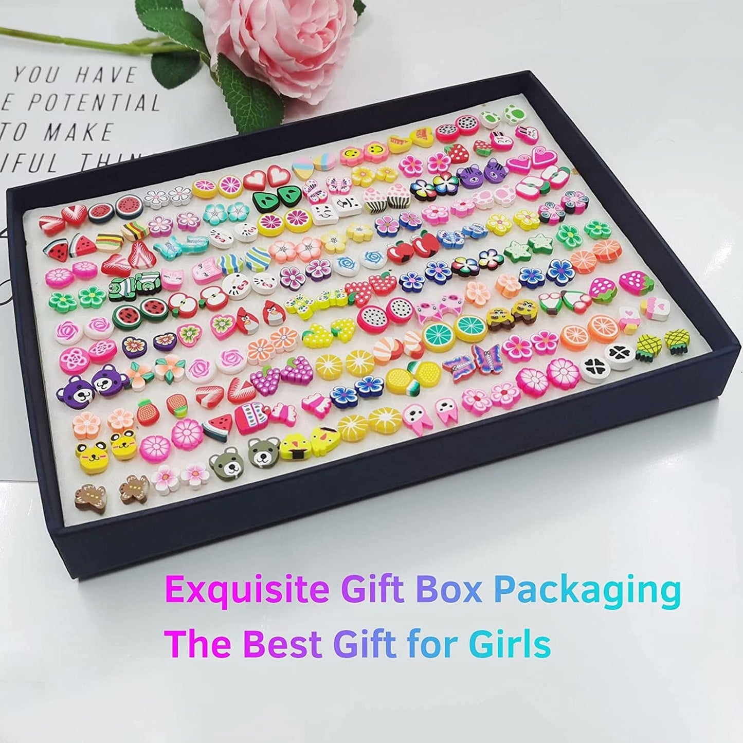 100 Pairs Polymer Clay Colorful Cute Hypoallergenic Stud Earrings Set for Women, Birthday, Christmas, Halloween Polymer Clay