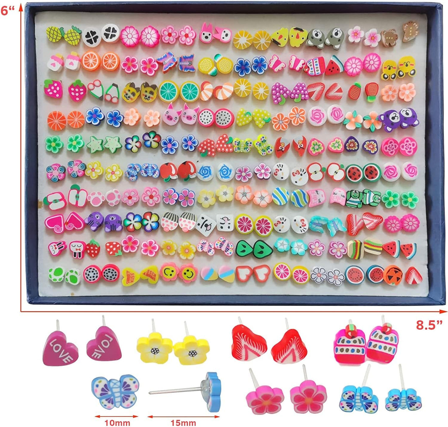 100 Pairs Polymer Clay Colorful Cute Hypoallergenic Stud Earrings Set for Women, Birthday, Christmas, Halloween Polymer Clay