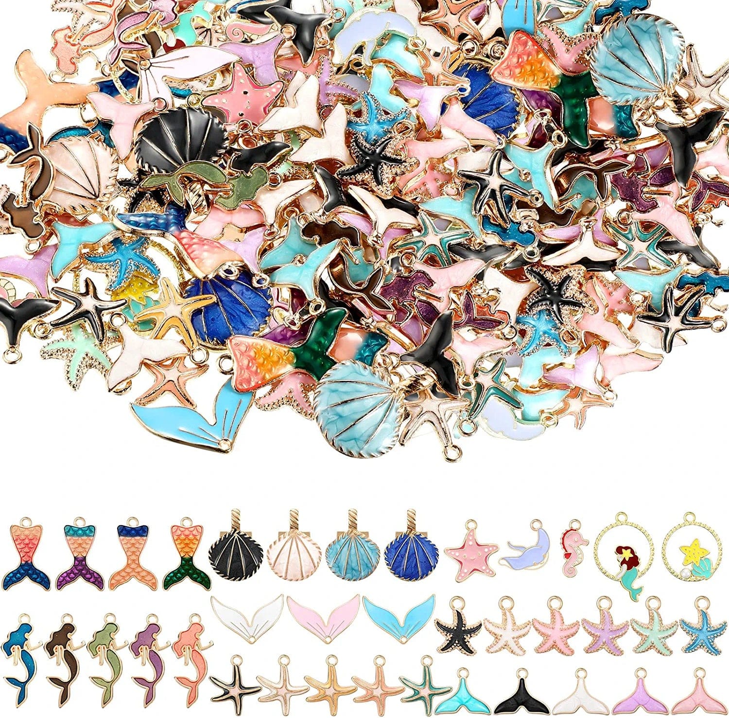100 Pcs Beach Charms for Jewelry Making Sea Theme Ocean Enamel Pendant Charms Mermaid Marine Collection Nautical Charms for Necklace Bracelet Earring Slime DIY Jewelry Accessories Cute Style