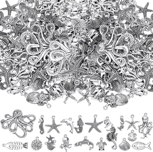 100 Pcs Beach Charms for Jewelry Making Sea Theme Ocean Enamel Pendant Charms Mermaid Marine Collection Nautical Charms for Necklace Bracelet Earring Slime DIY Jewelry Accessories Vivid Style