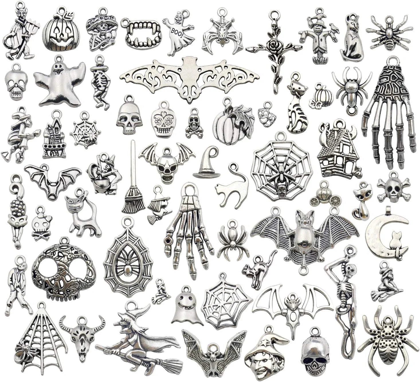 100 Pcs Craft Supplies Mixed Antique Silver Sun Moon Stars Charms Pendants for Crafting Jewelry Findings Making Accessory for DIY Necklace Bracelet (M417) Halloween Charm