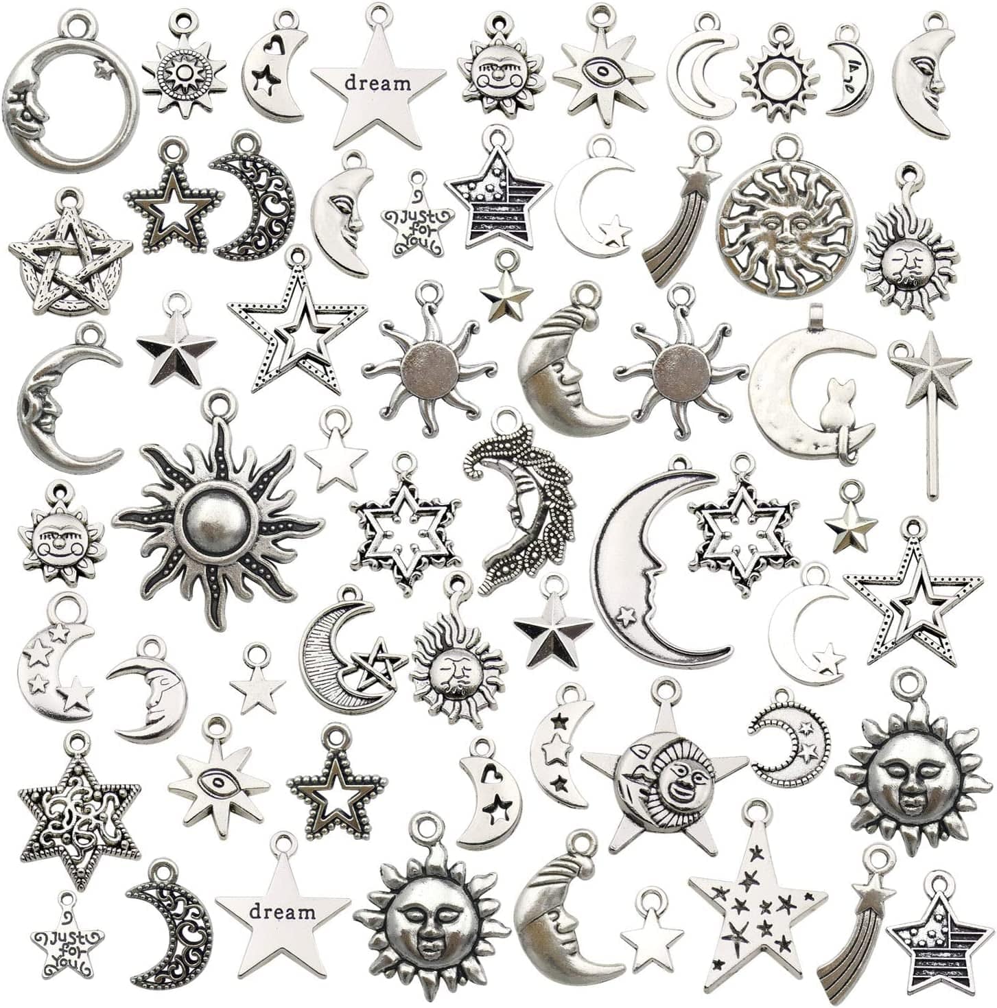 100 Pcs Craft Supplies Mixed Antique Silver Sun Moon Stars Charms Pendants for Crafting Jewelry Findings Making Accessory for DIY Necklace Bracelet (M417) Sun Moon Star