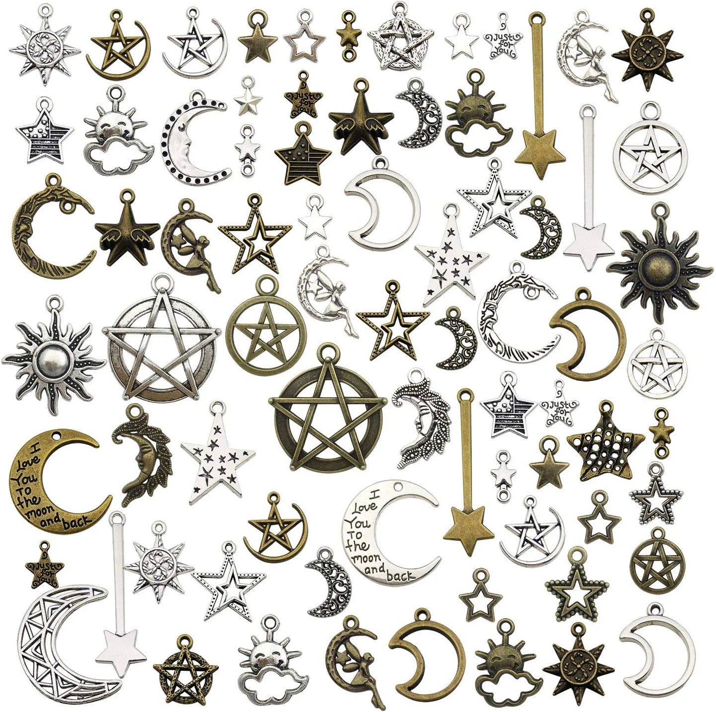 100 Pcs Craft Supplies Mixed Antique Silver Sun Moon Stars Charms Pendants for Crafting Jewelry Findings Making Accessory for DIY Necklace Bracelet (M417) Sun Star Moon