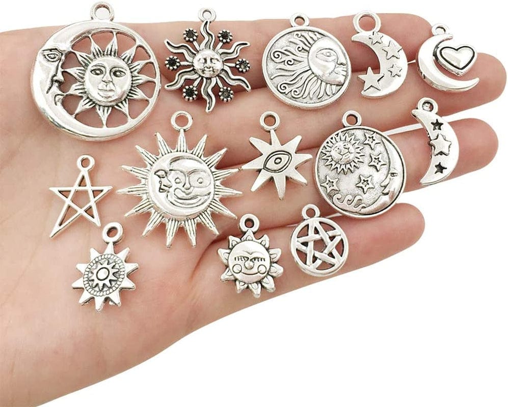 100 Pcs Craft Supplies Mixed Antique Silver Sun Moon Stars Charms Pendants for Crafting Jewelry Findings Making Accessory for DIY Necklace Bracelet (M417)