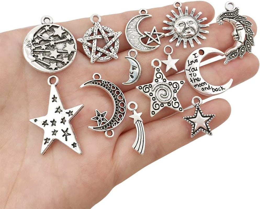 100 Pcs Craft Supplies Mixed Antique Silver Sun Moon Stars Charms Pendants for Crafting Jewelry Findings Making Accessory for DIY Necklace Bracelet (M417)