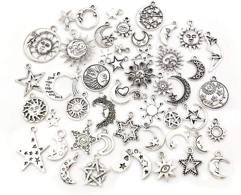 100 Pcs Craft Supplies Mixed Antique Silver Sun Moon Stars Charms Pendants for Crafting Jewelry Findings Making Accessory for DIY Necklace Bracelet (M417)