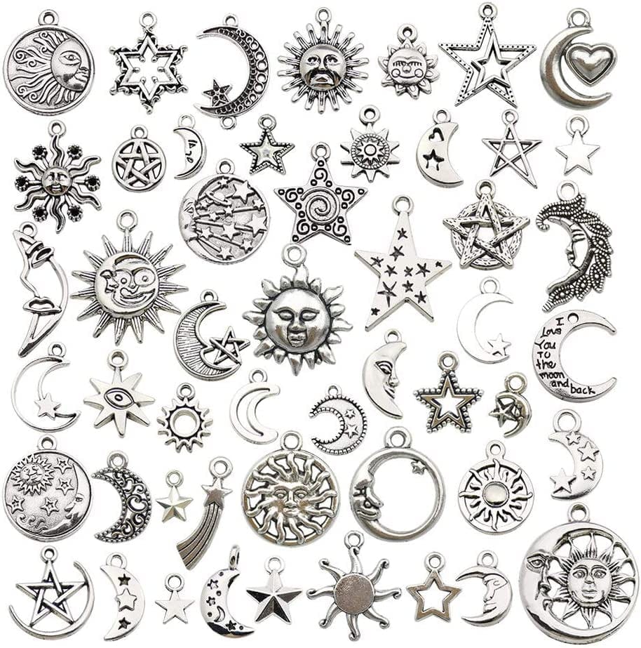100 Pcs Craft Supplies Mixed Antique Silver Sun Moon Stars Charms Pendants for Crafting Jewelry Findings Making Accessory for DIY Necklace Bracelet (M417) Moon Sun Star