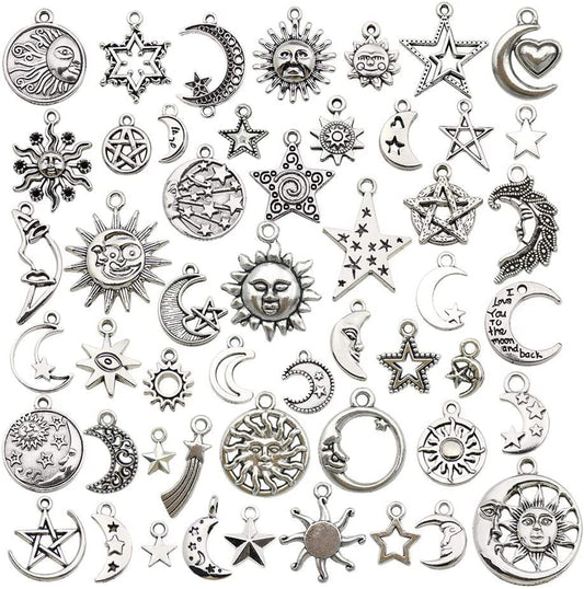 100 Pcs Craft Supplies Mixed Antique Silver Sun Moon Stars Charms Pendants for Crafting Jewelry Findings Making Accessory for DIY Necklace Bracelet (M417) Moon Sun Star
